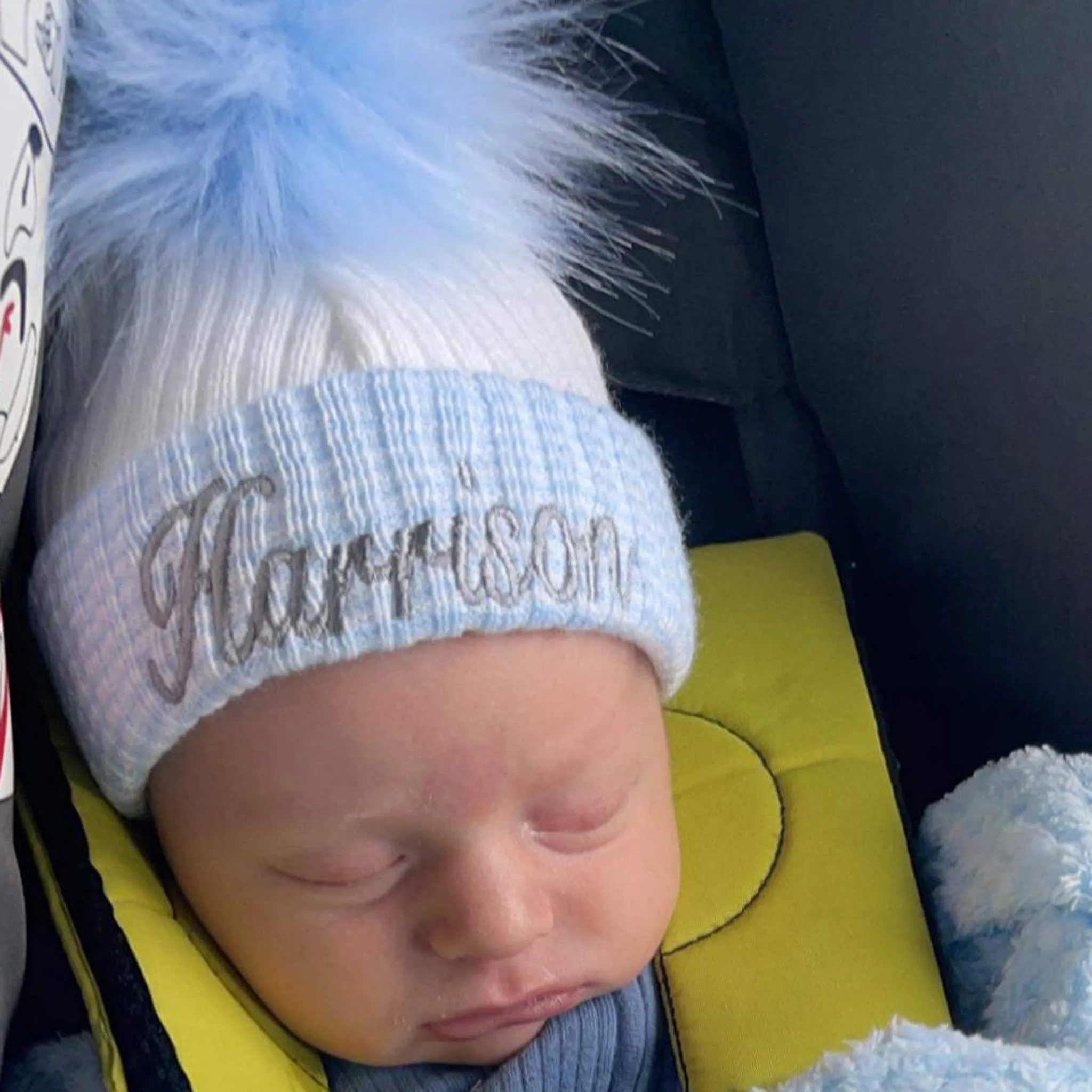 Personalised First Size Baby Boy Pom Hat - Blue White