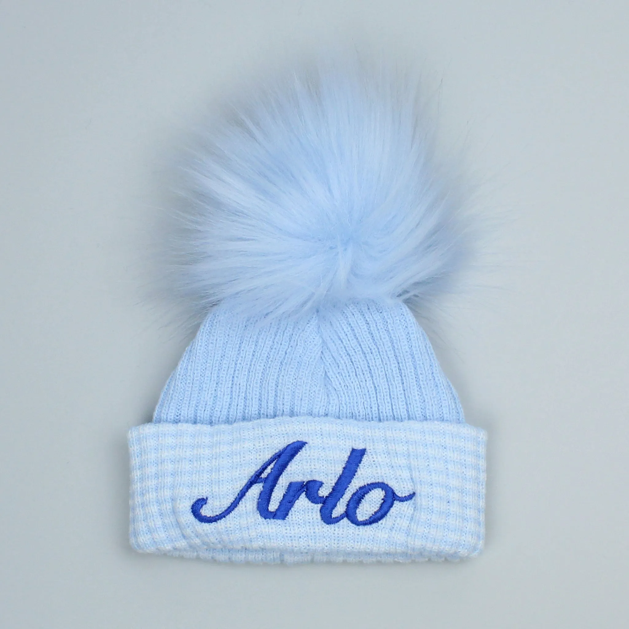 Personalised First Size Newborn Baby Boy Pom Hat - Blue