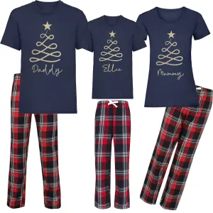 Personalised Gold Glitter Tree Design - Tartan Family Matching PJs