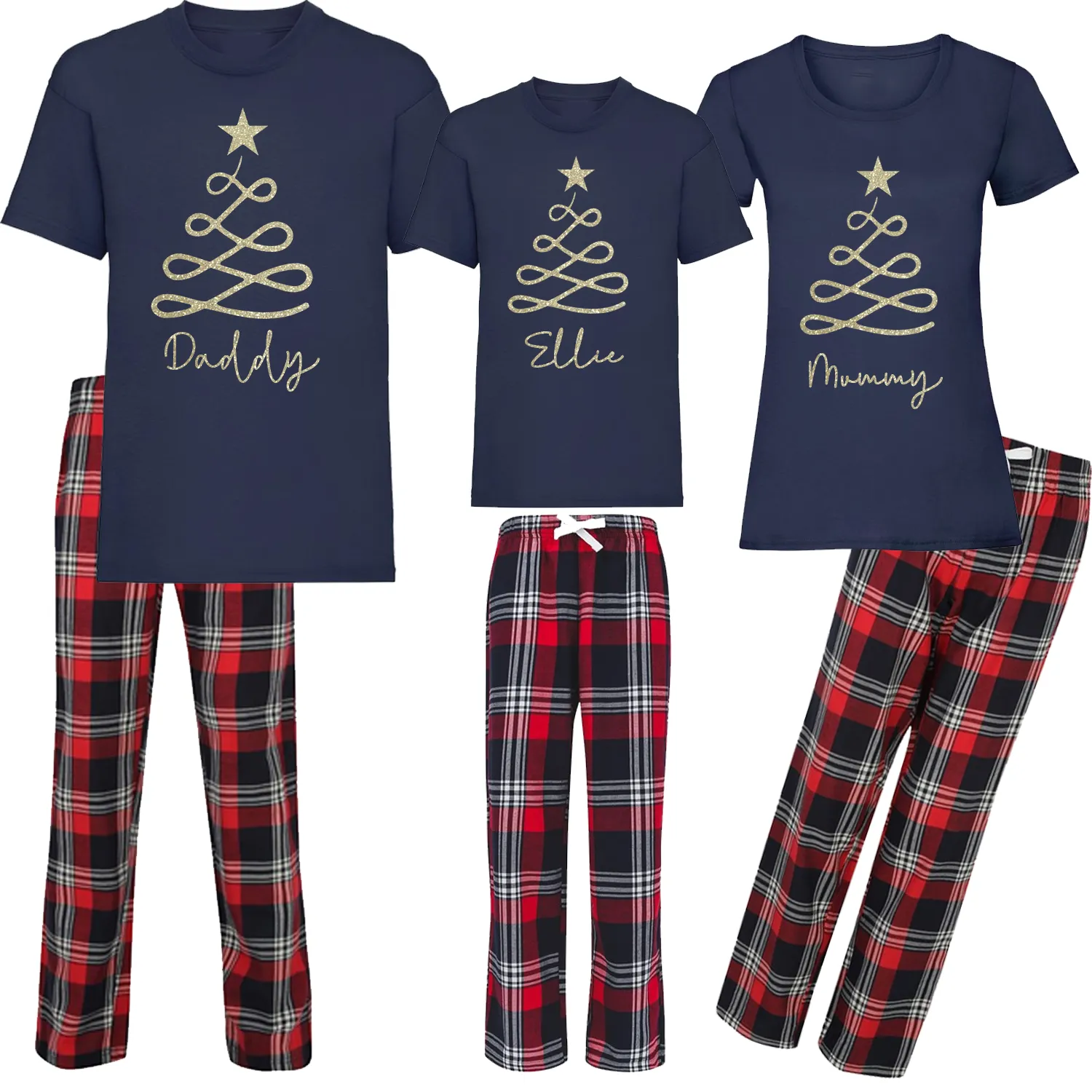Personalised Gold Glitter Tree Design - Tartan Family Matching PJs