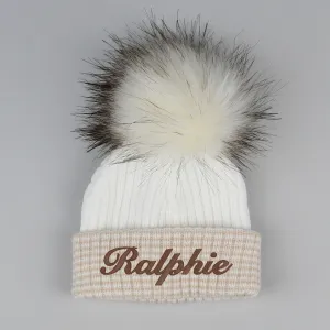 Personalised Newborn Beige and White Pom Pom Hat