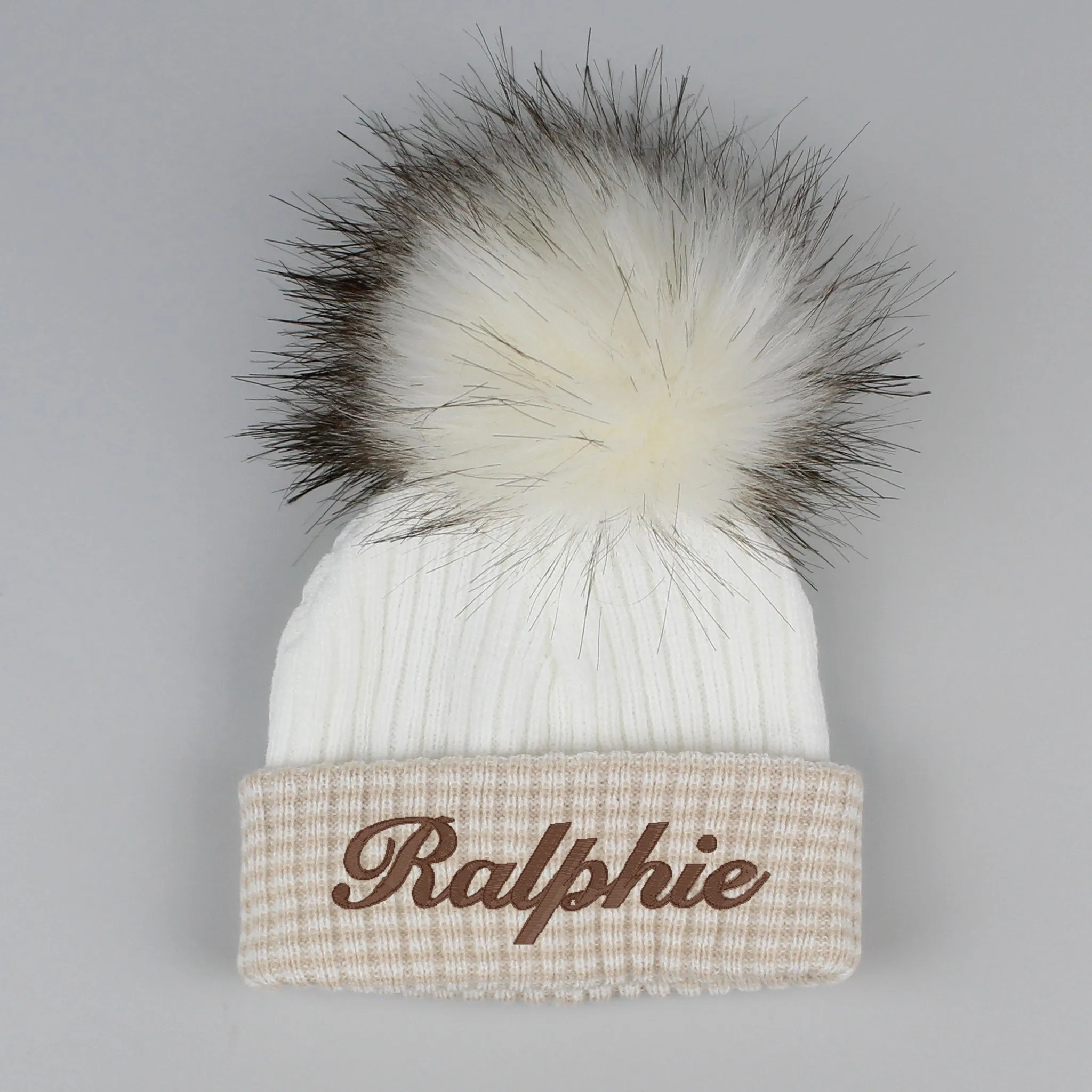 Personalised Newborn Beige and White Pom Pom Hat