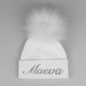 Personalised Pastel White Pom Hat - 2 to 6 years