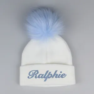 Personalised White Blue Pom Hat - 2 to 6 years