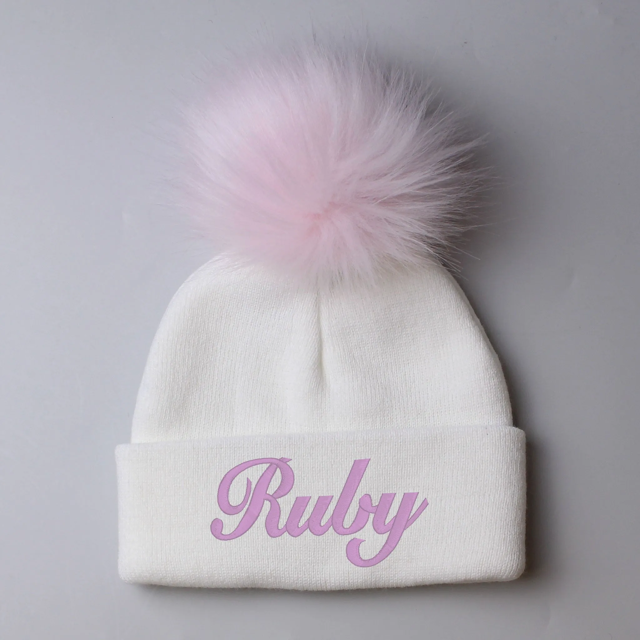 Personalised White Pink Pom Hat - 2 to 6 years