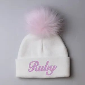Personalised White Pink Pom Hat - 2 to 6 years