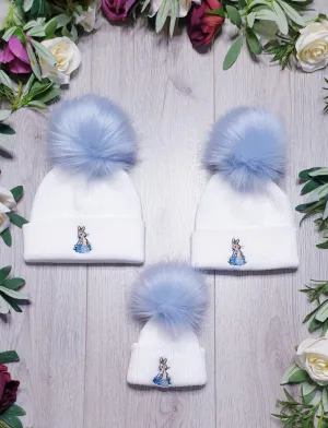 Peter Rabbit luxury faux fur Single Pom Hat white/blue trim
