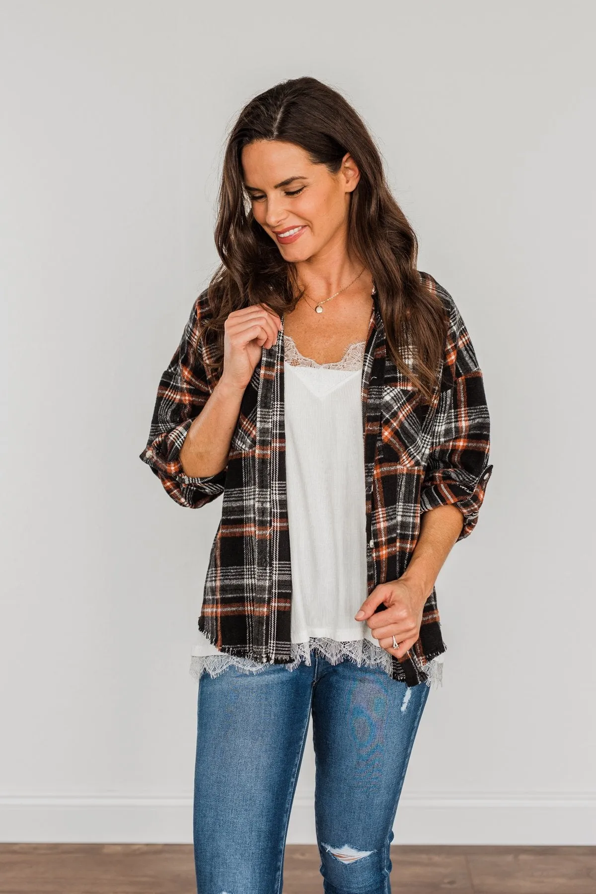 Pick Of The Patch Frayed Flannel- Black & Rust