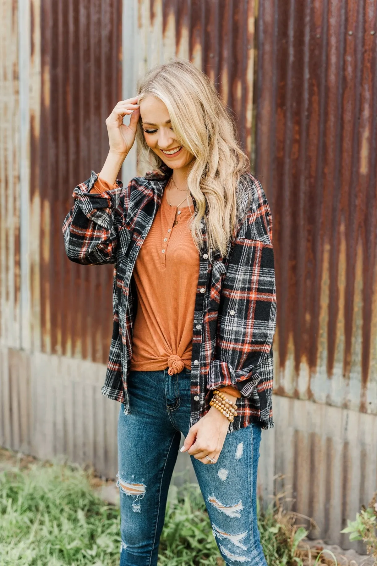 Pick Of The Patch Frayed Flannel- Black & Rust