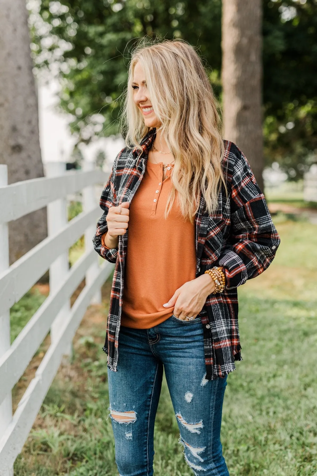 Pick Of The Patch Frayed Flannel- Black & Rust