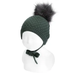 Pine Green Faux Fur Pom Pom Hat with Ties