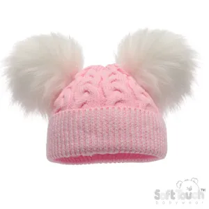 PINK CABLE KNIT HAT W/2 LARGE FUR POM POM (NB-12 Months) H646-P-SM