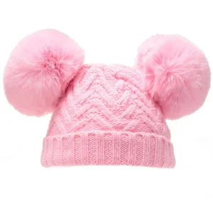 Pink 'Chevron' Knit Double Pom Pom Hat w/Cotton Lining  (6-18 Months) H632-P-MED