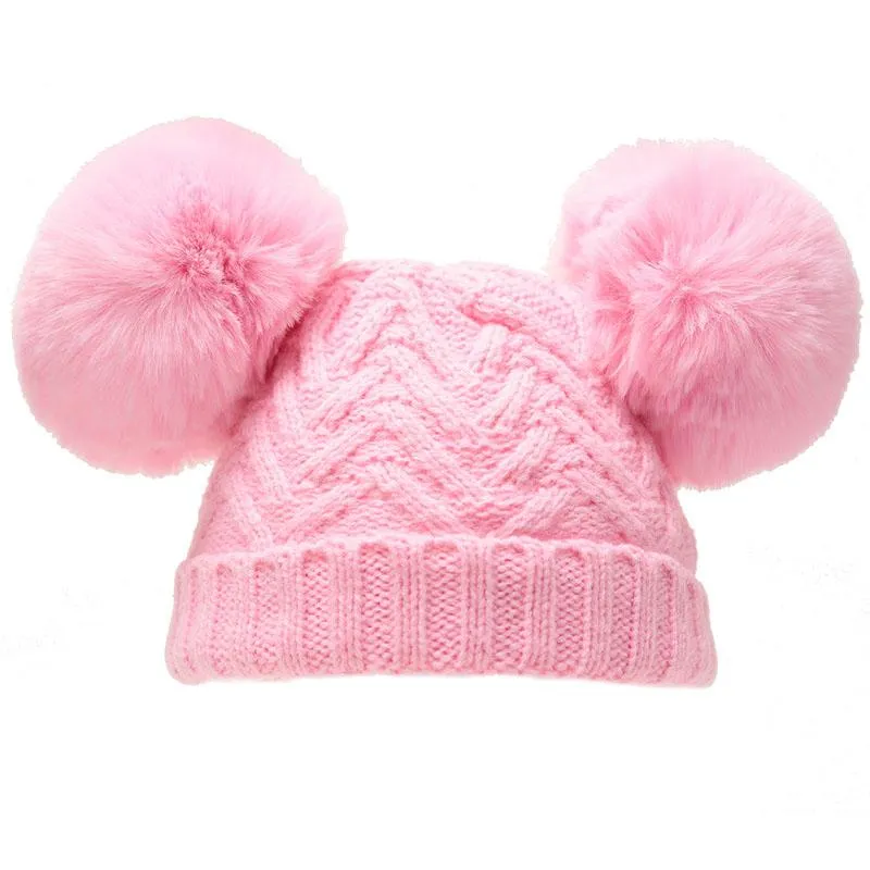 Pink 'Chevron' Knit Double Pom Pom Hat w/Cotton Lining  (6-18 Months) H632-P-MED