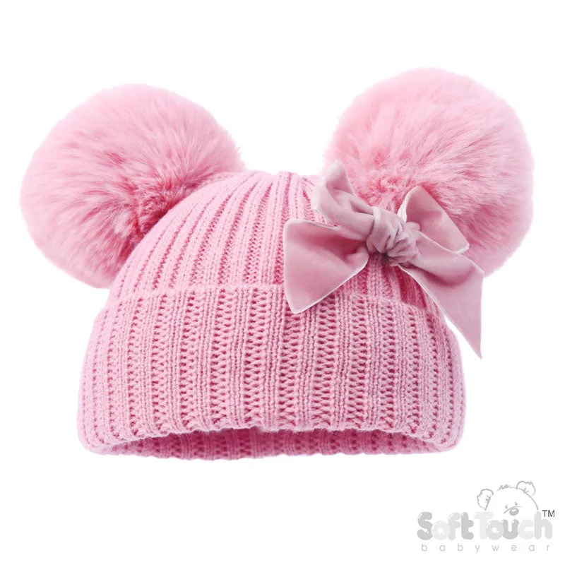 PINK RIBBED HAT W/VELVET BOW & 2 POM POMS (NB-12 Months) (PK6) H678P