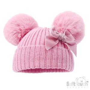 PINK RIBBED HAT W/VELVET BOW & 2 POM POMS (NB-12 Months) (PK6) H678P