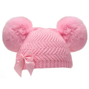Pink 'Zig Zag' Knit Hat w/2 Faux-fur Pom-Poms & Bow (0-6 Months) H634-P-SM