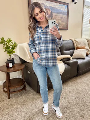 Plaid Flannel Top In Tan & Blue