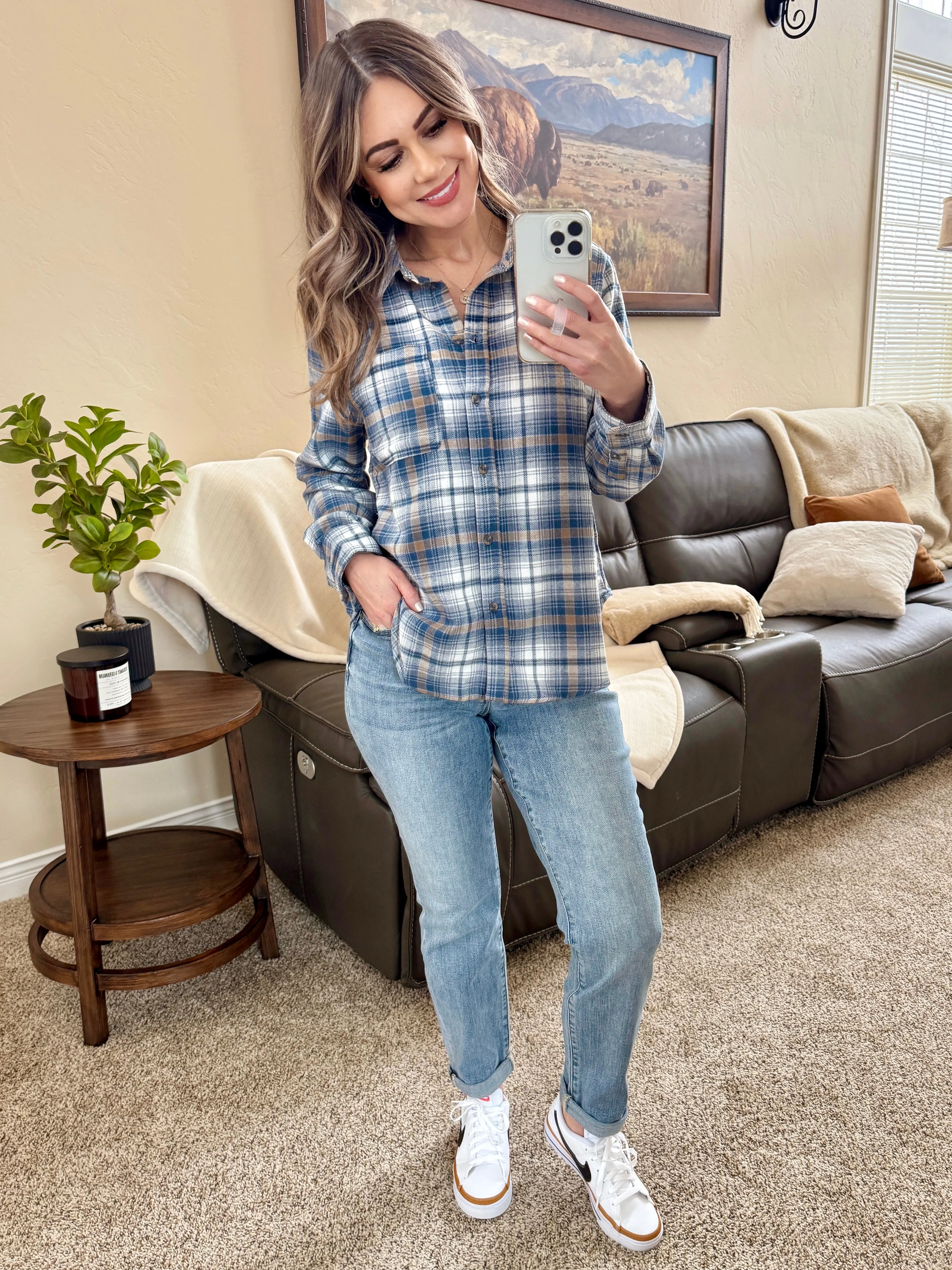 Plaid Flannel Top In Tan & Blue