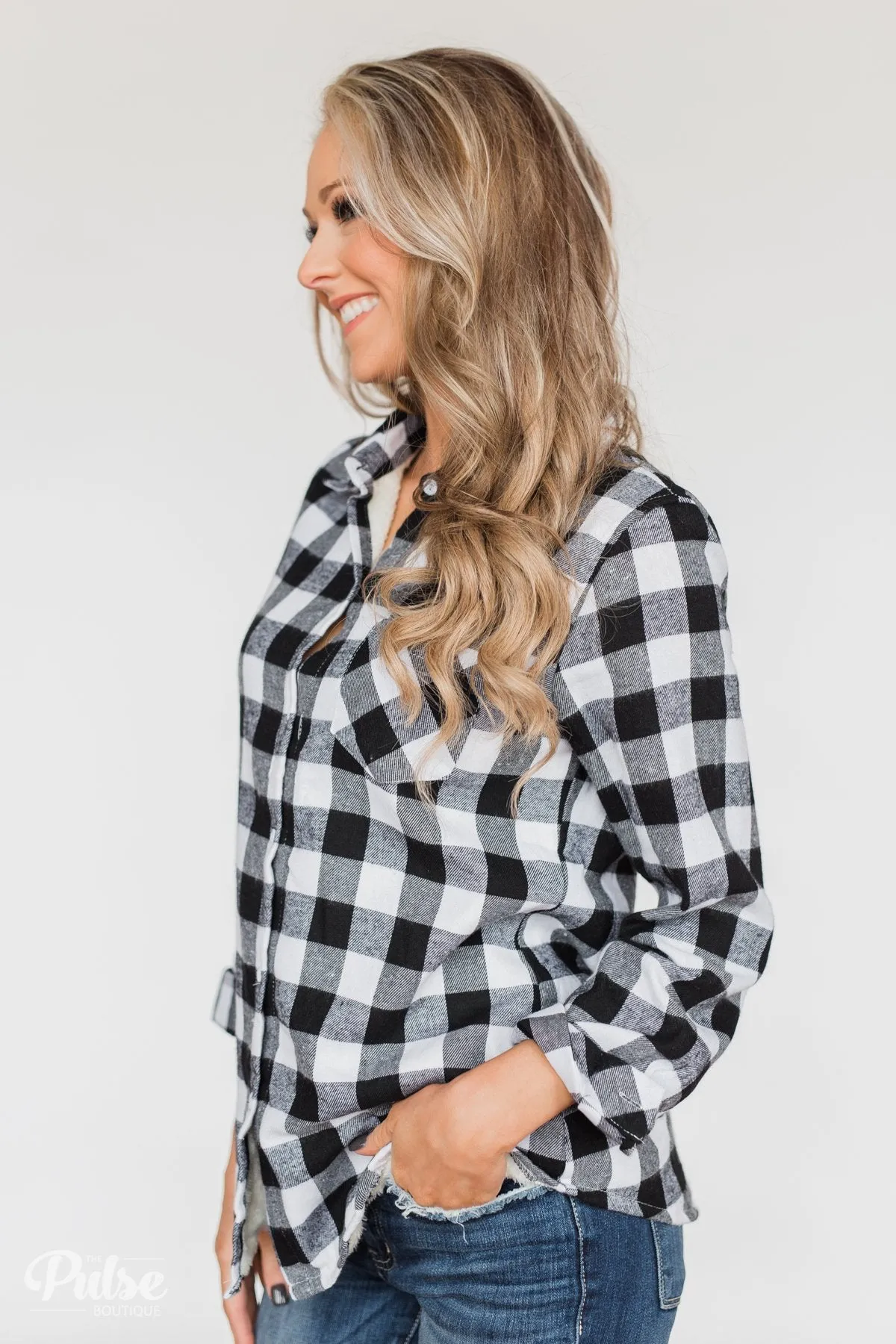 Plaid With The Fur Top- White & Black