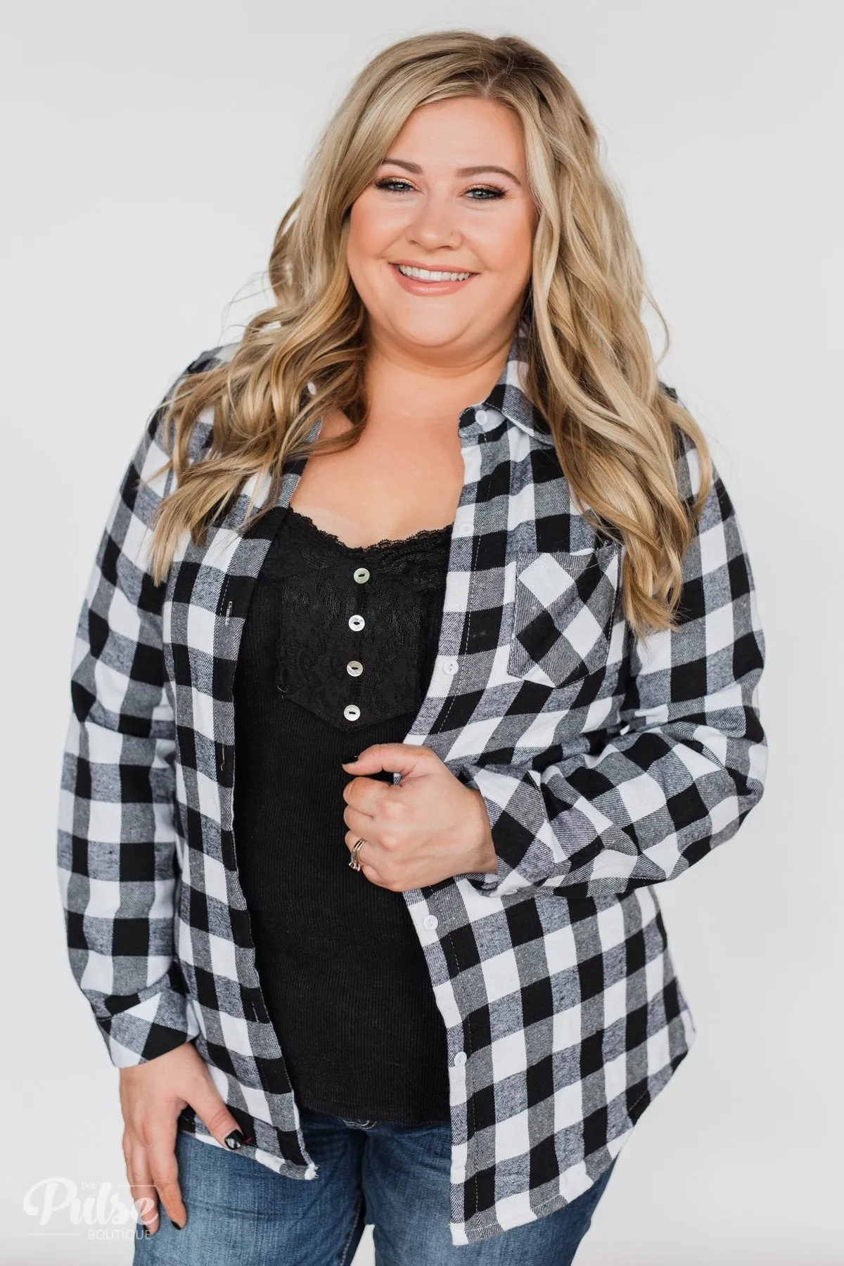 Plaid With The Fur Top- White & Black
