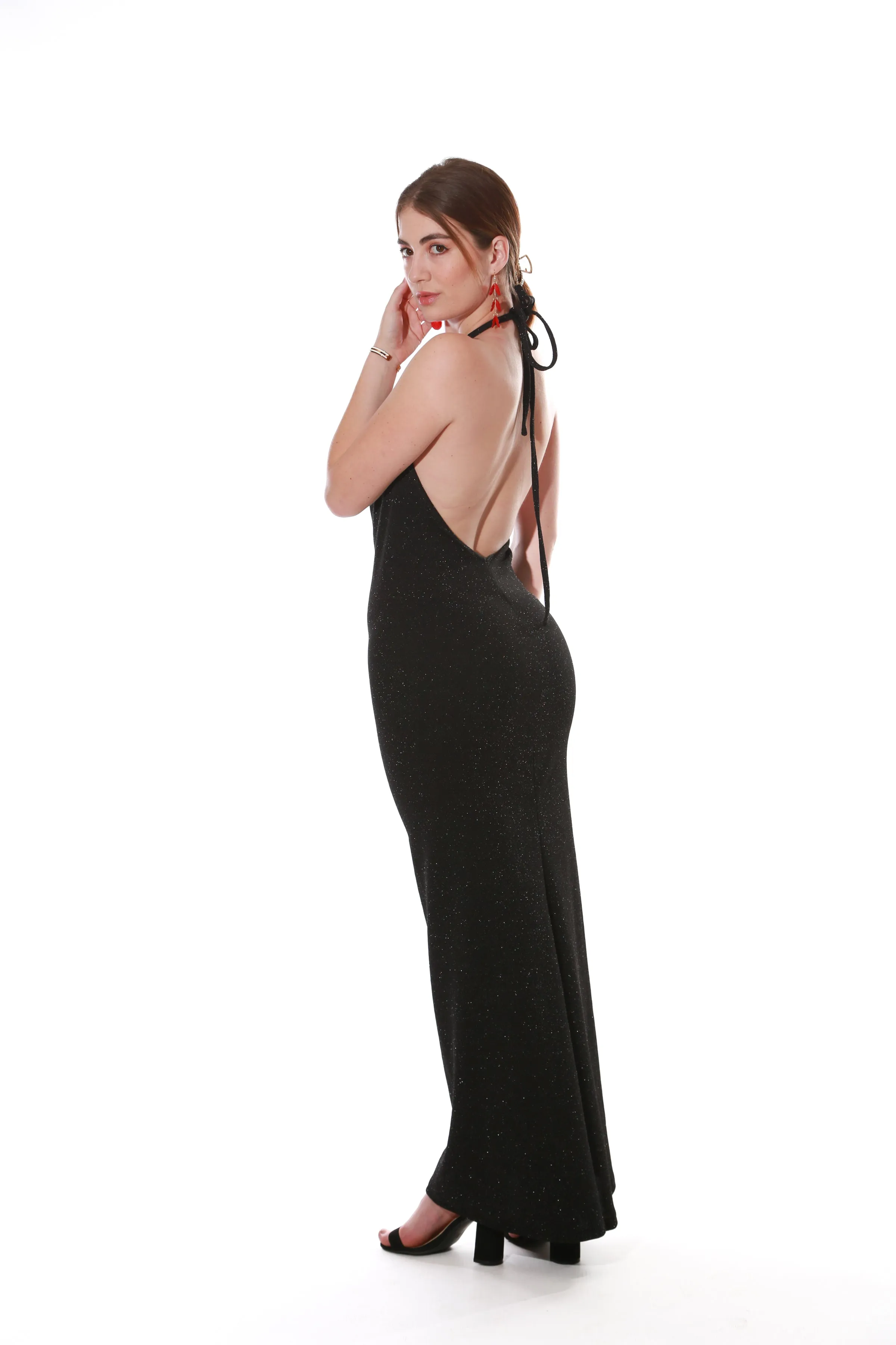 Plunge halter neck maxi dress- Silver sparkle