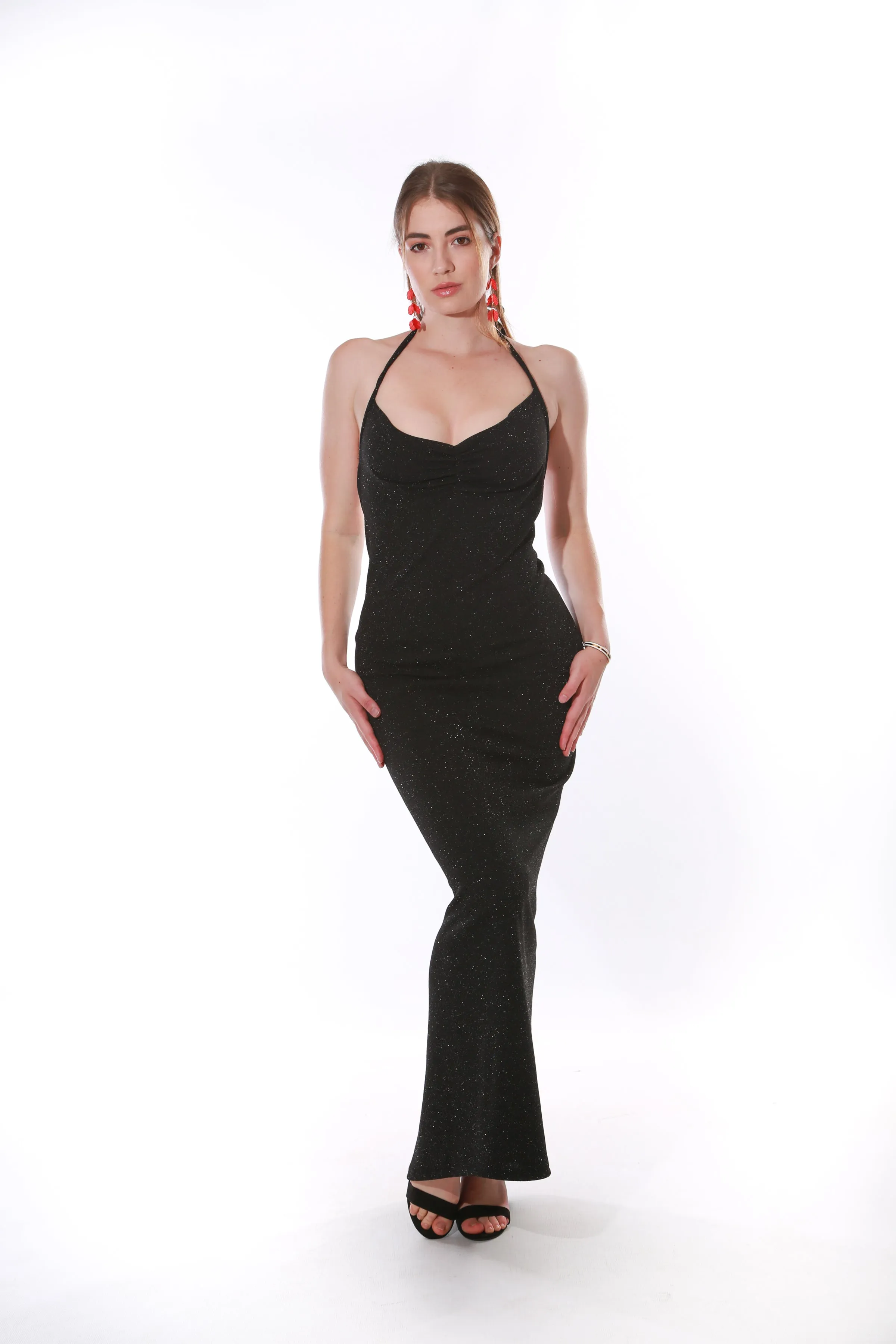 Plunge halter neck maxi dress- Silver sparkle