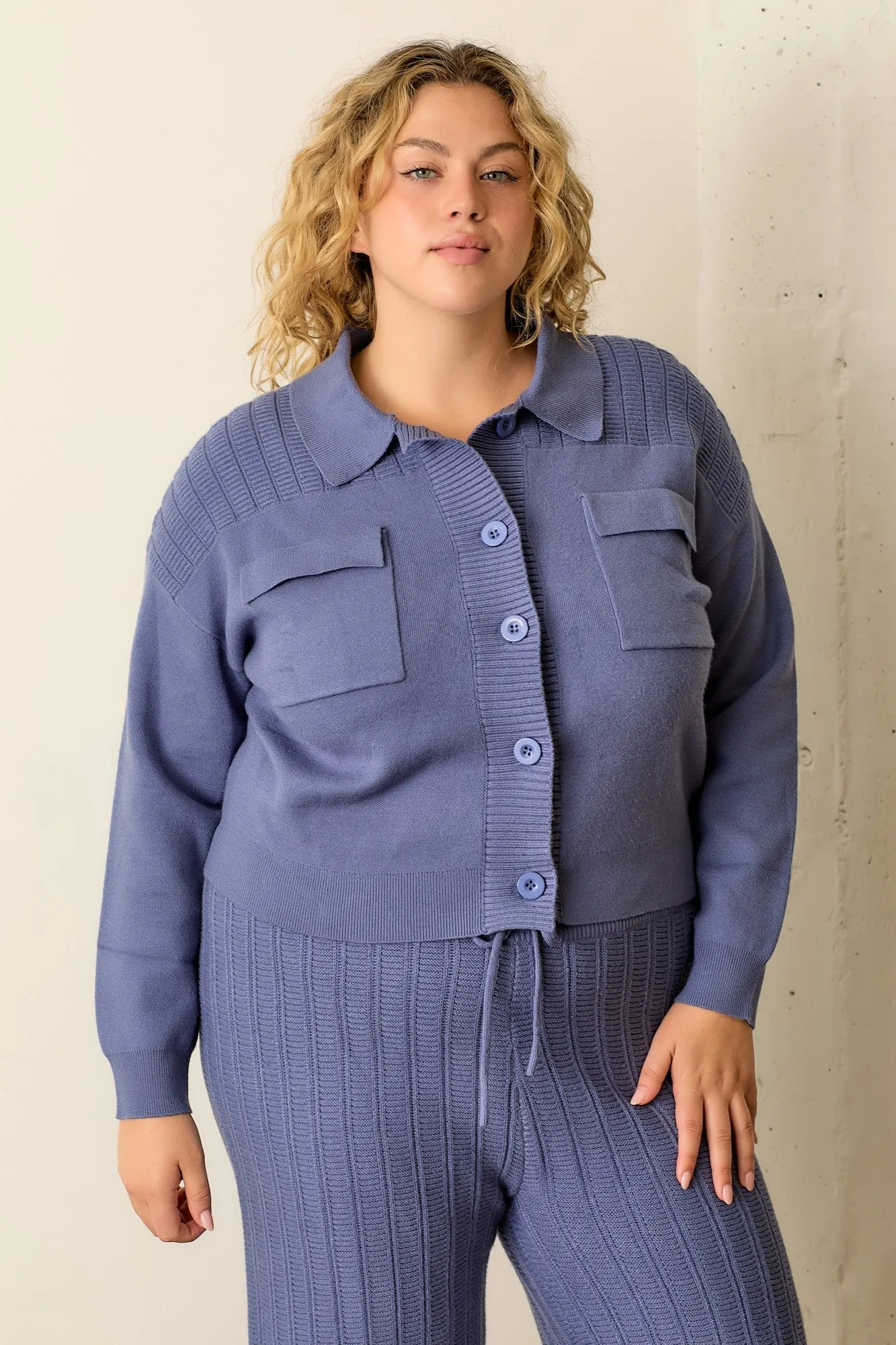 PLUS SWEATER KNIT SHACKET AND PANT SET