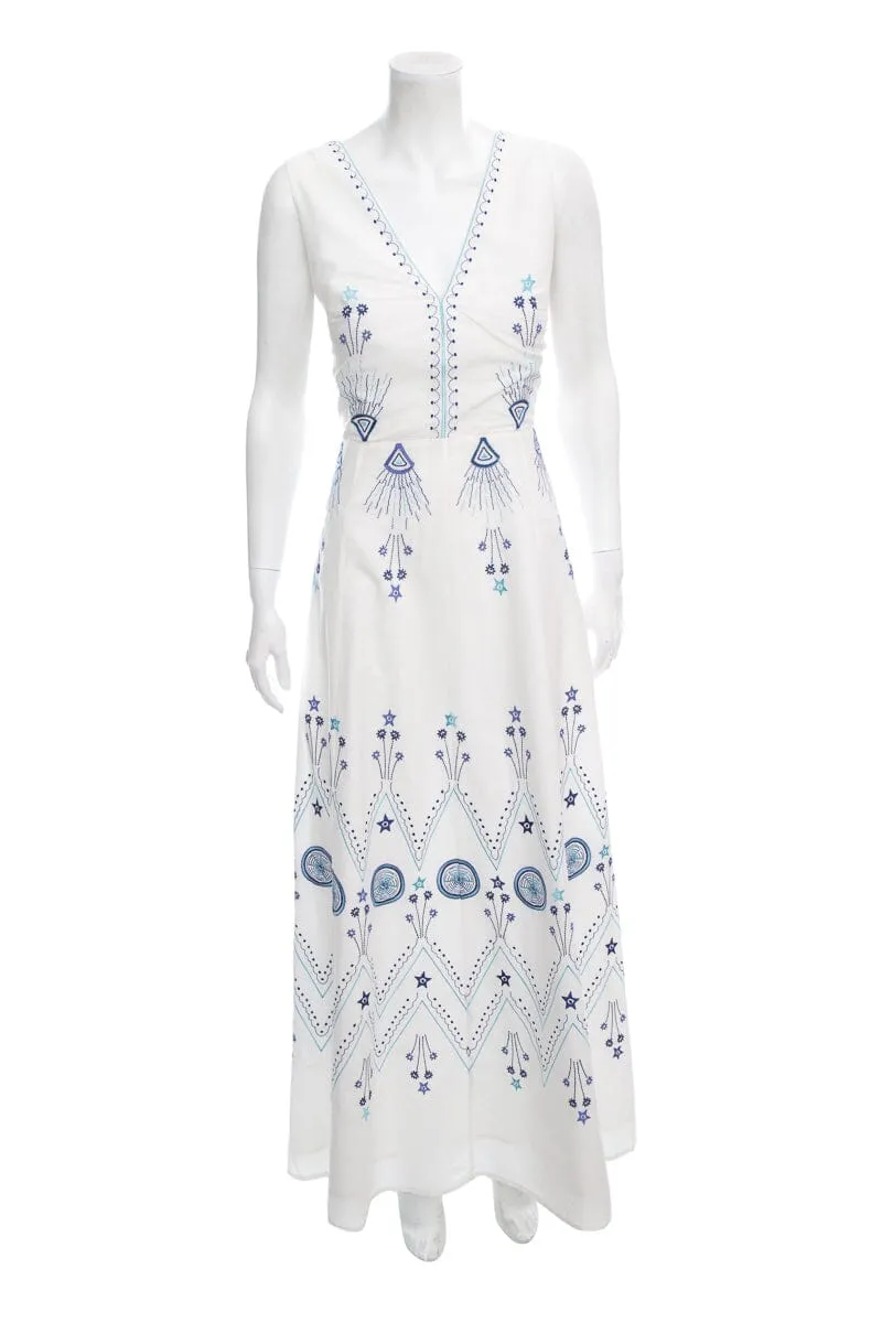 Positano White & Blue Embroidered Maxi Dress SZ 44