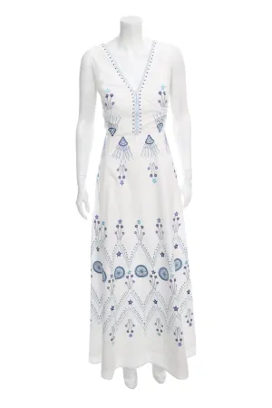 Positano White & Blue Embroidered Maxi Dress SZ 44