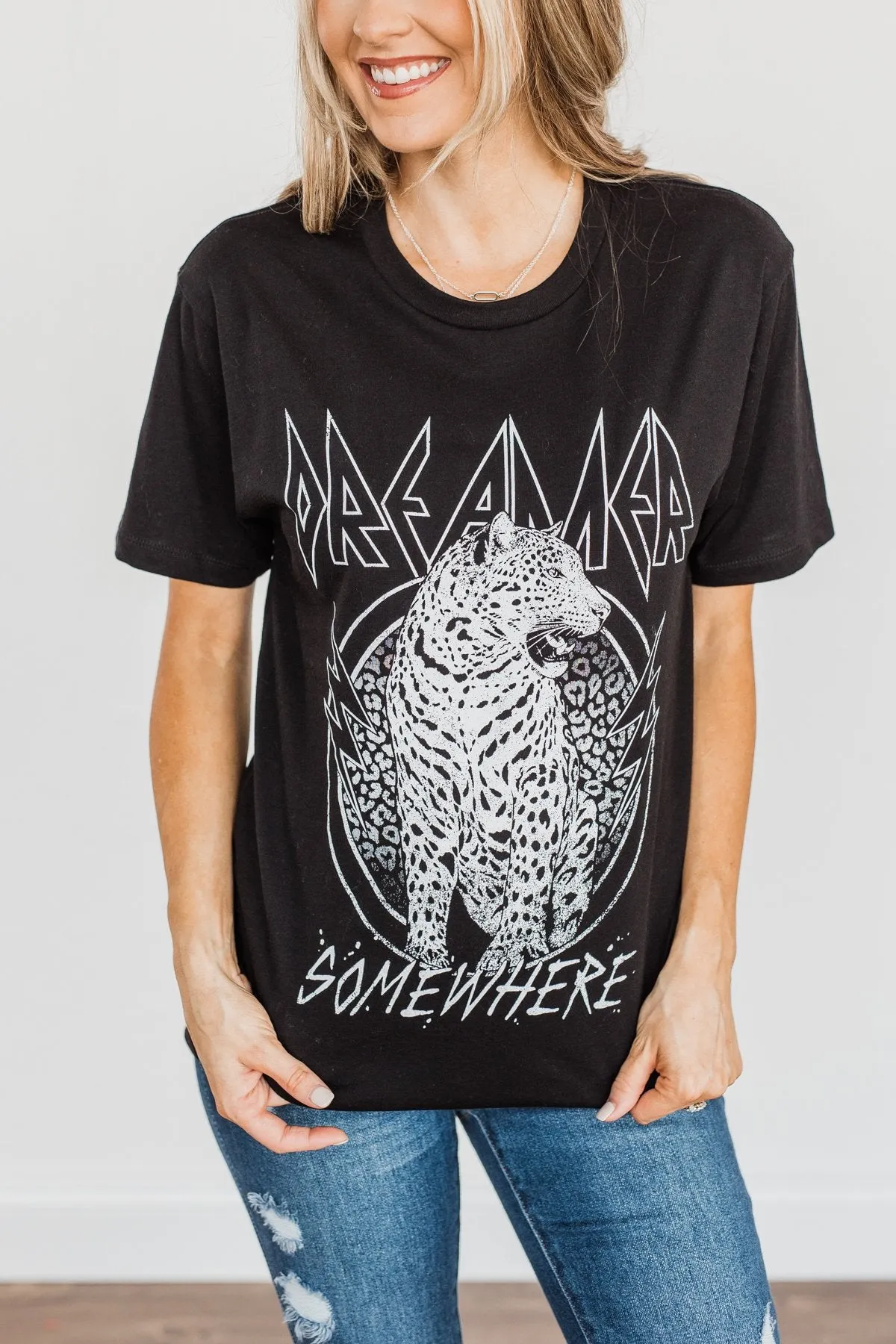 "Dreamer. Somewhere" Leopard Graphic Tee- Black