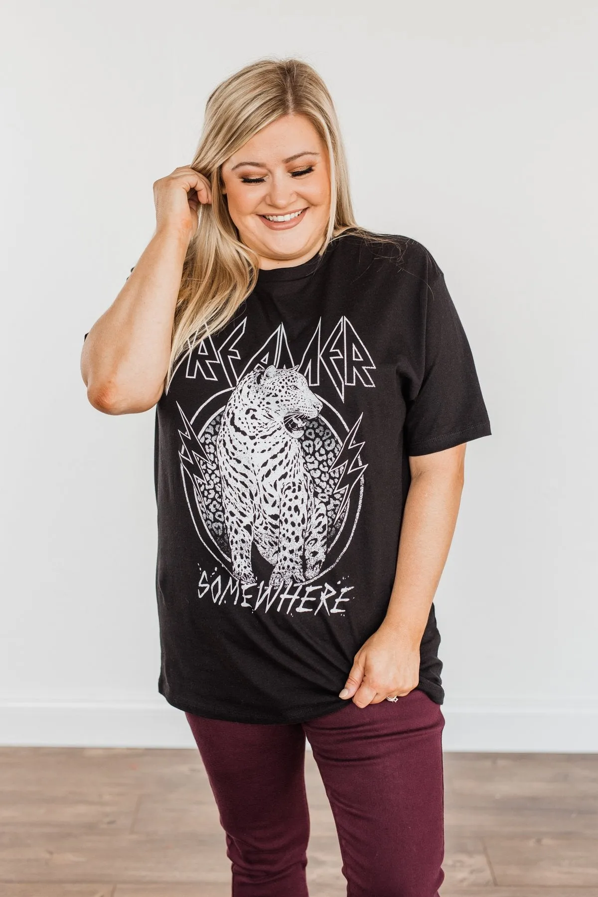 "Dreamer. Somewhere" Leopard Graphic Tee- Black