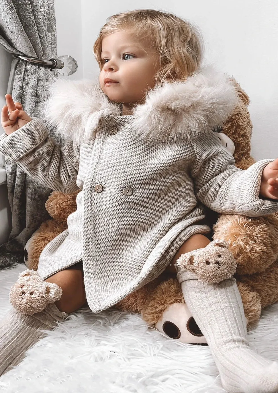 "Serenade" Beige Faux Fur Hooded Coat