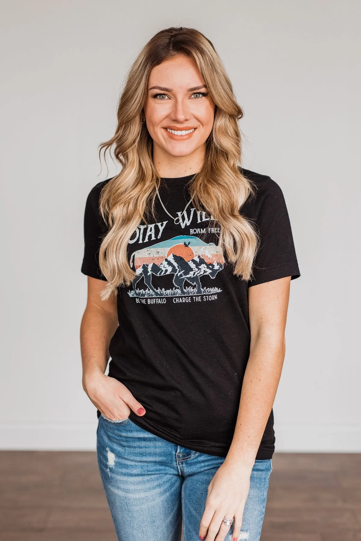 "Stay Wild. Roam Free" Buffalo Graphic Tee- Black