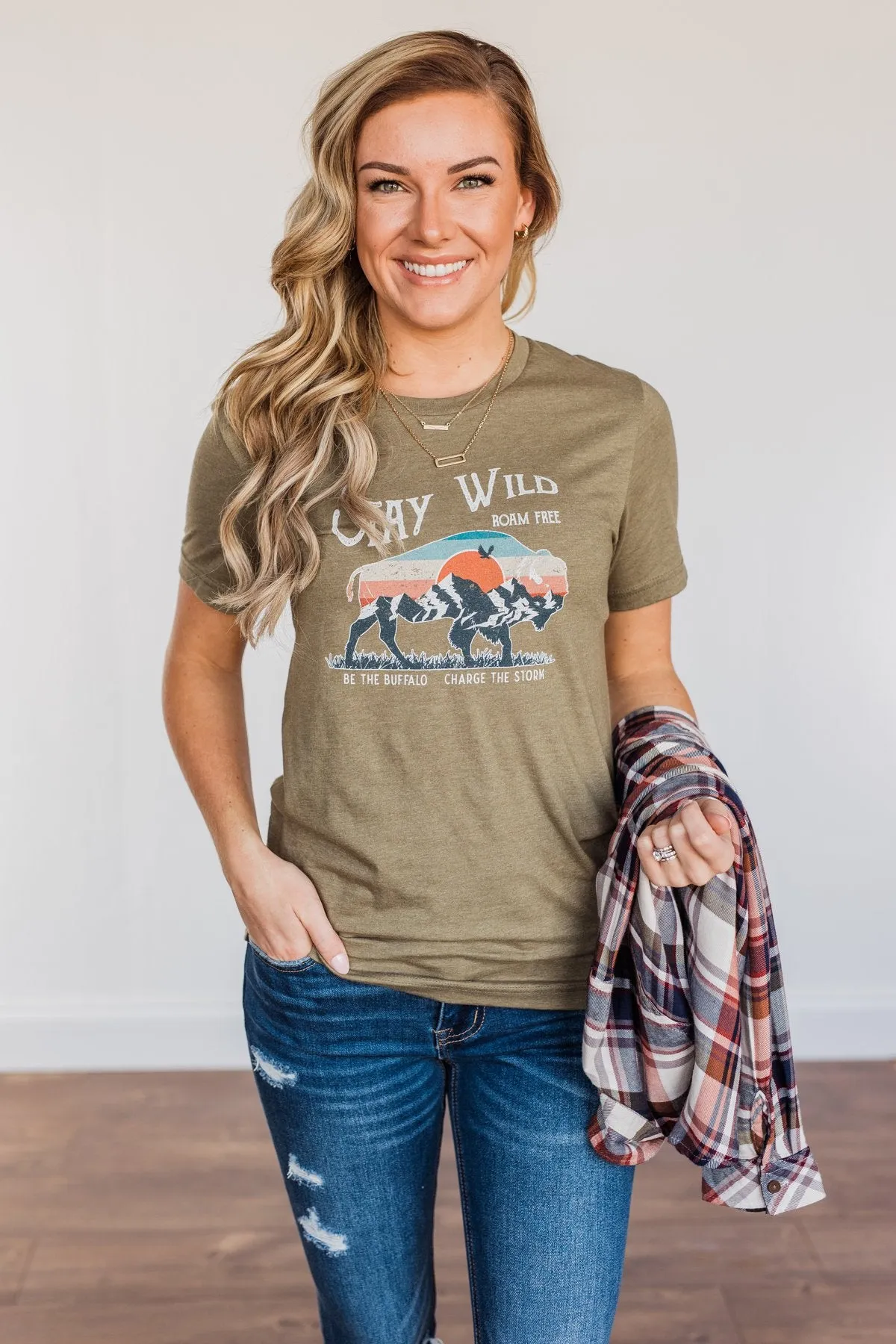 "Stay Wild. Roam Free" Buffalo Graphic Tee- Olive