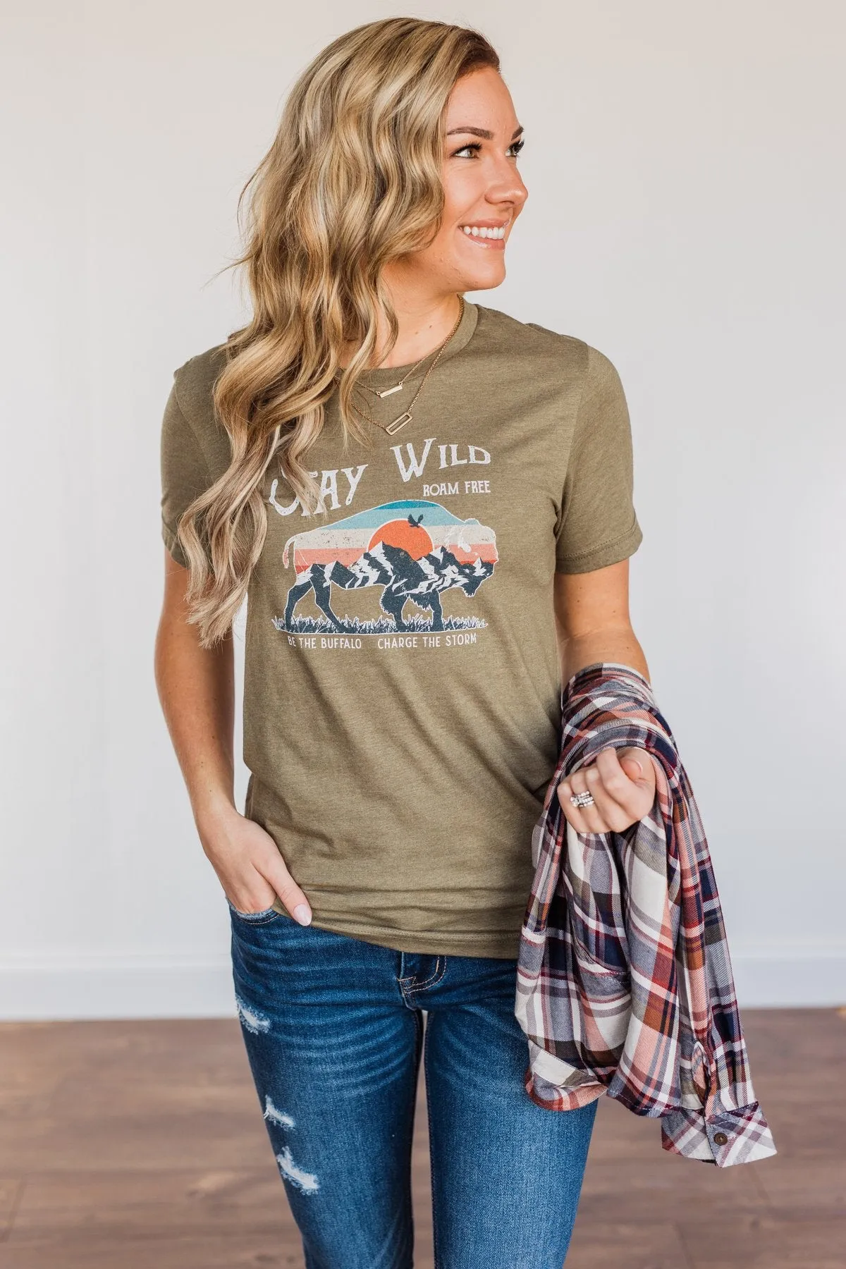 "Stay Wild. Roam Free" Buffalo Graphic Tee- Olive