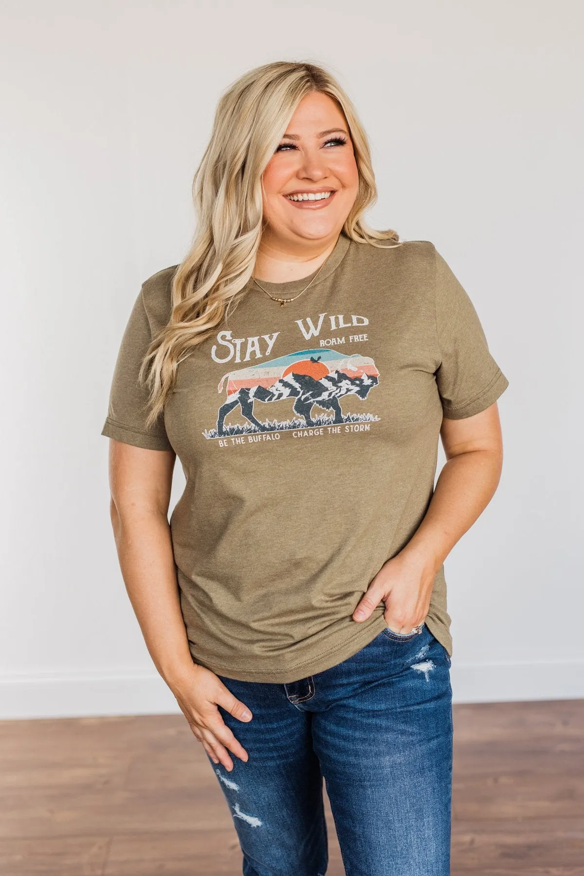 "Stay Wild. Roam Free" Buffalo Graphic Tee- Olive