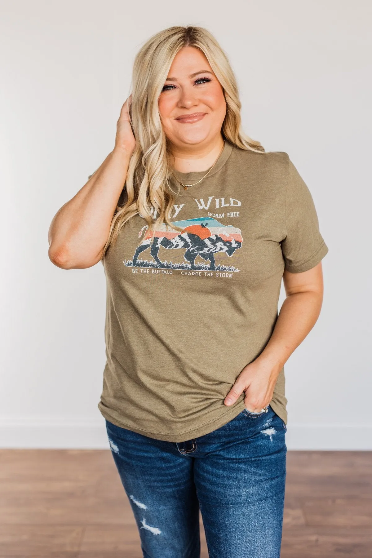 "Stay Wild. Roam Free" Buffalo Graphic Tee- Olive