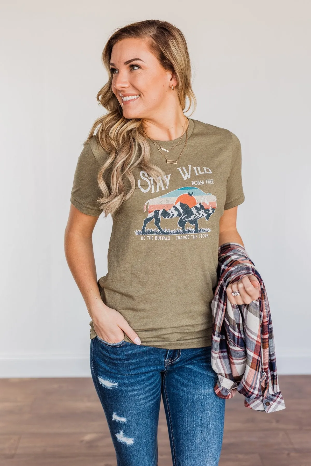 "Stay Wild. Roam Free" Buffalo Graphic Tee- Olive