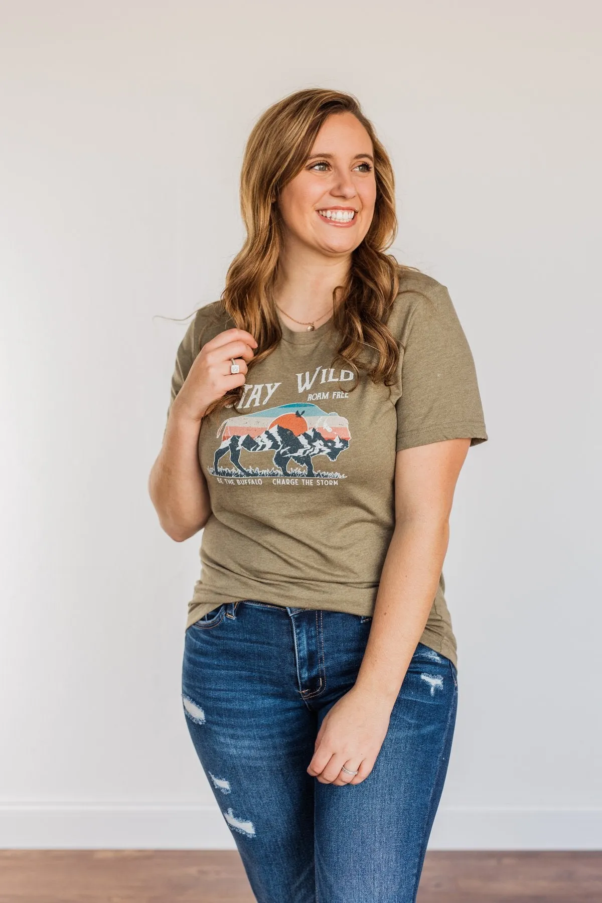 "Stay Wild. Roam Free" Buffalo Graphic Tee- Olive