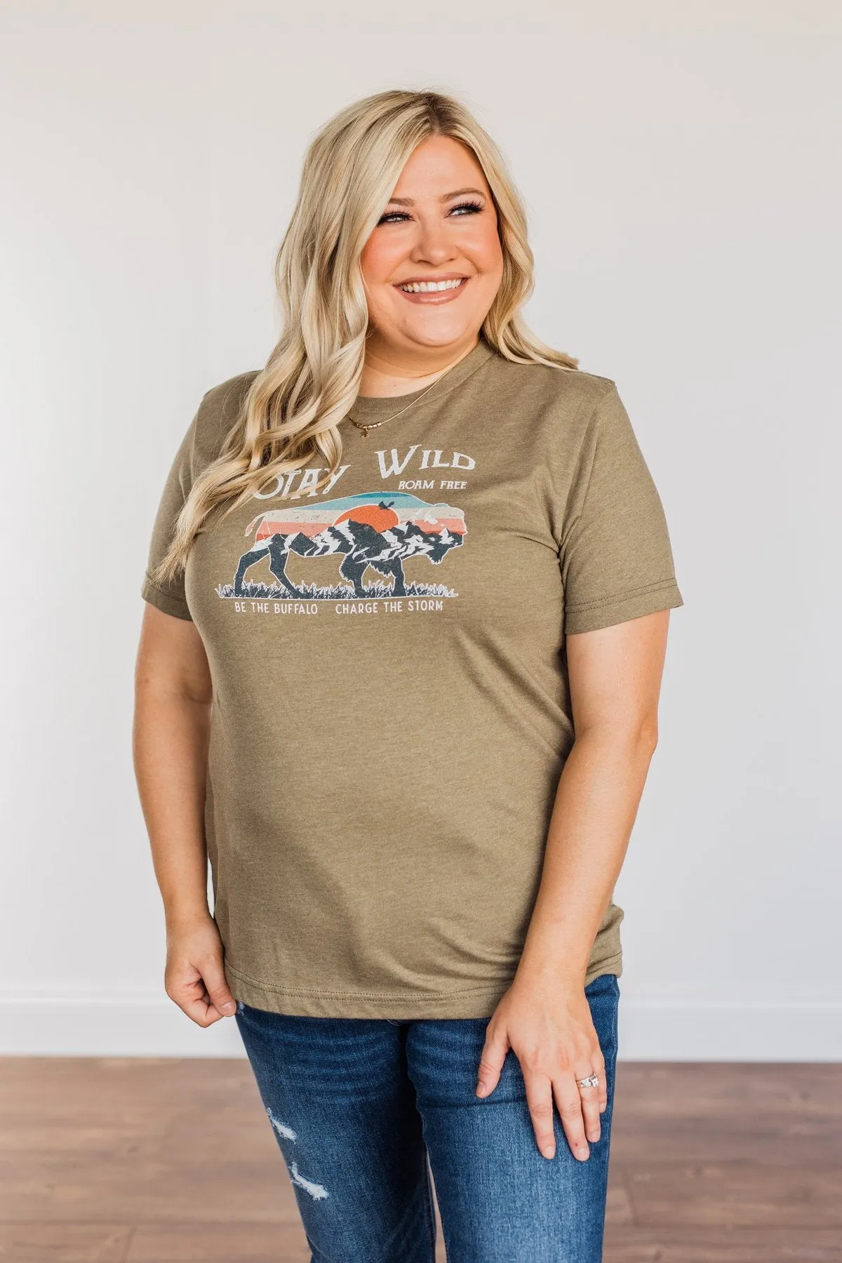 "Stay Wild. Roam Free" Buffalo Graphic Tee- Olive
