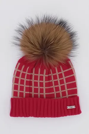 Red & Camel Check Knit Faux Fur Pom Pom Hat
