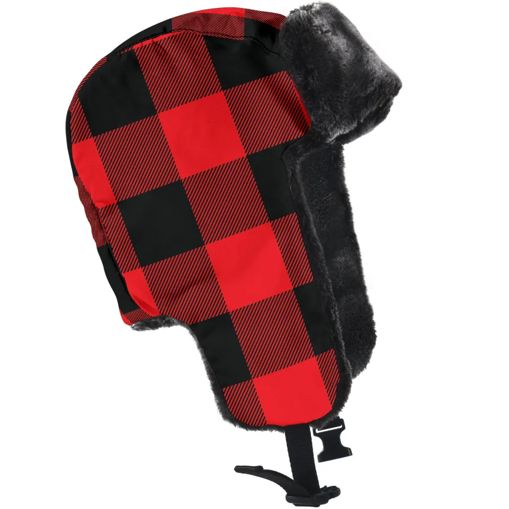 Red and Black Buffalo Plaid Trapper Hat With Faux Fur Lining