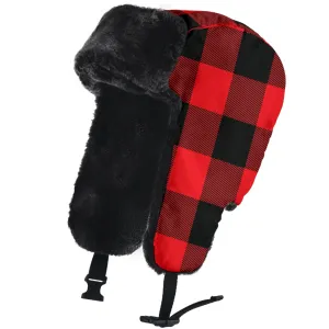 Red and Black Buffalo Plaid Trapper Hat With Faux Fur Lining