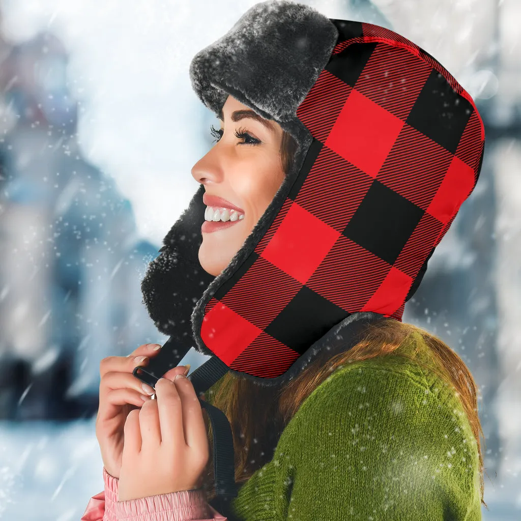 Red and Black Buffalo Plaid Trapper Hat With Faux Fur Lining