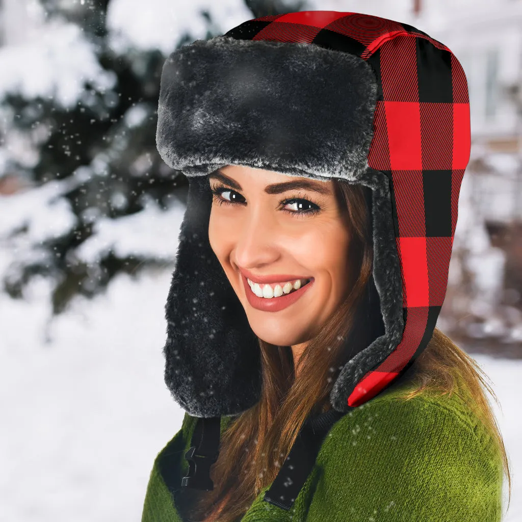 Red and Black Buffalo Plaid Trapper Hat With Faux Fur Lining
