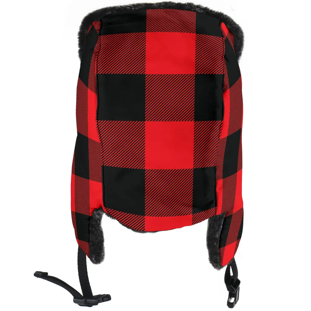 Red and Black Buffalo Plaid Trapper Hat With Faux Fur Lining
