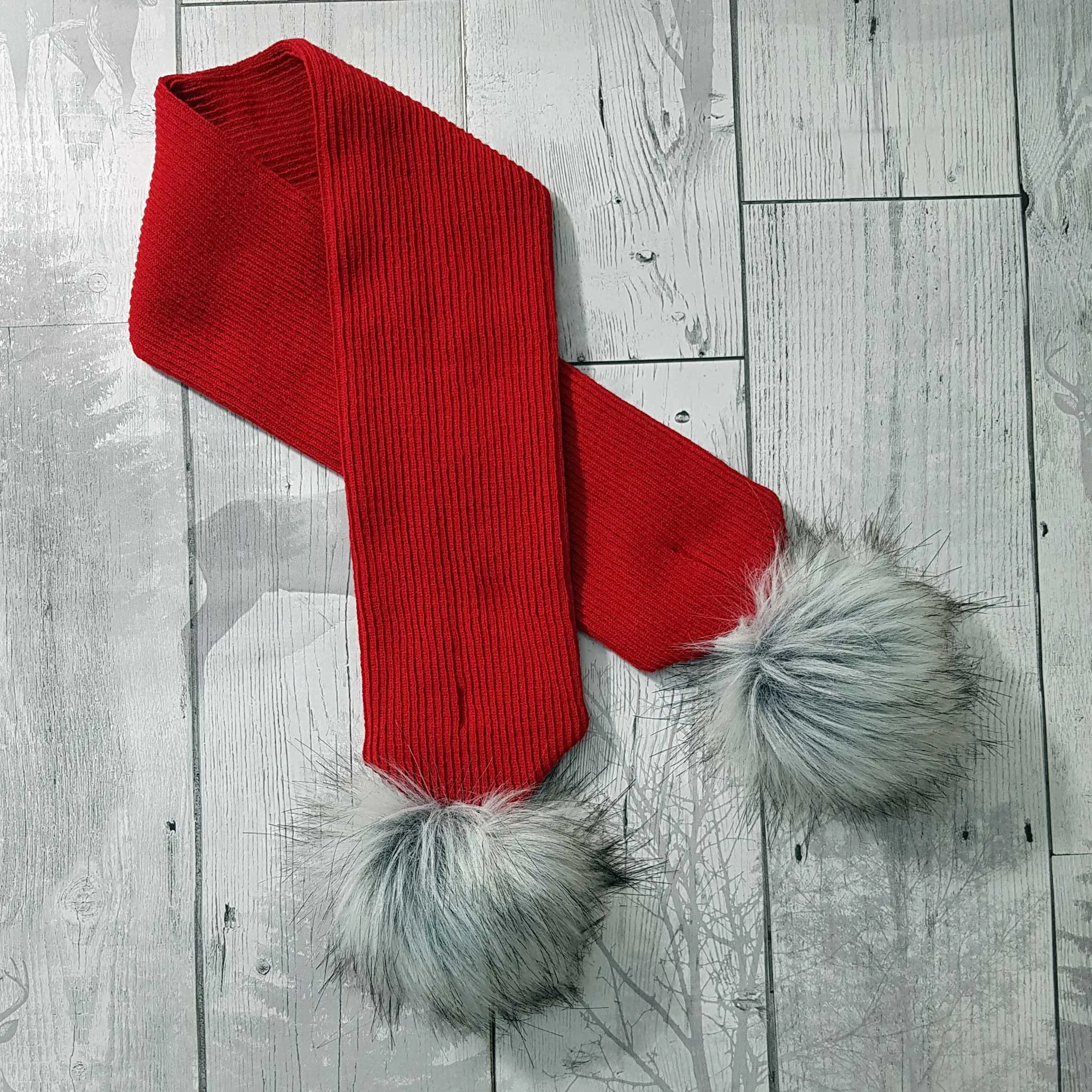 Red Baby Scarf with Faux Fur pom poms