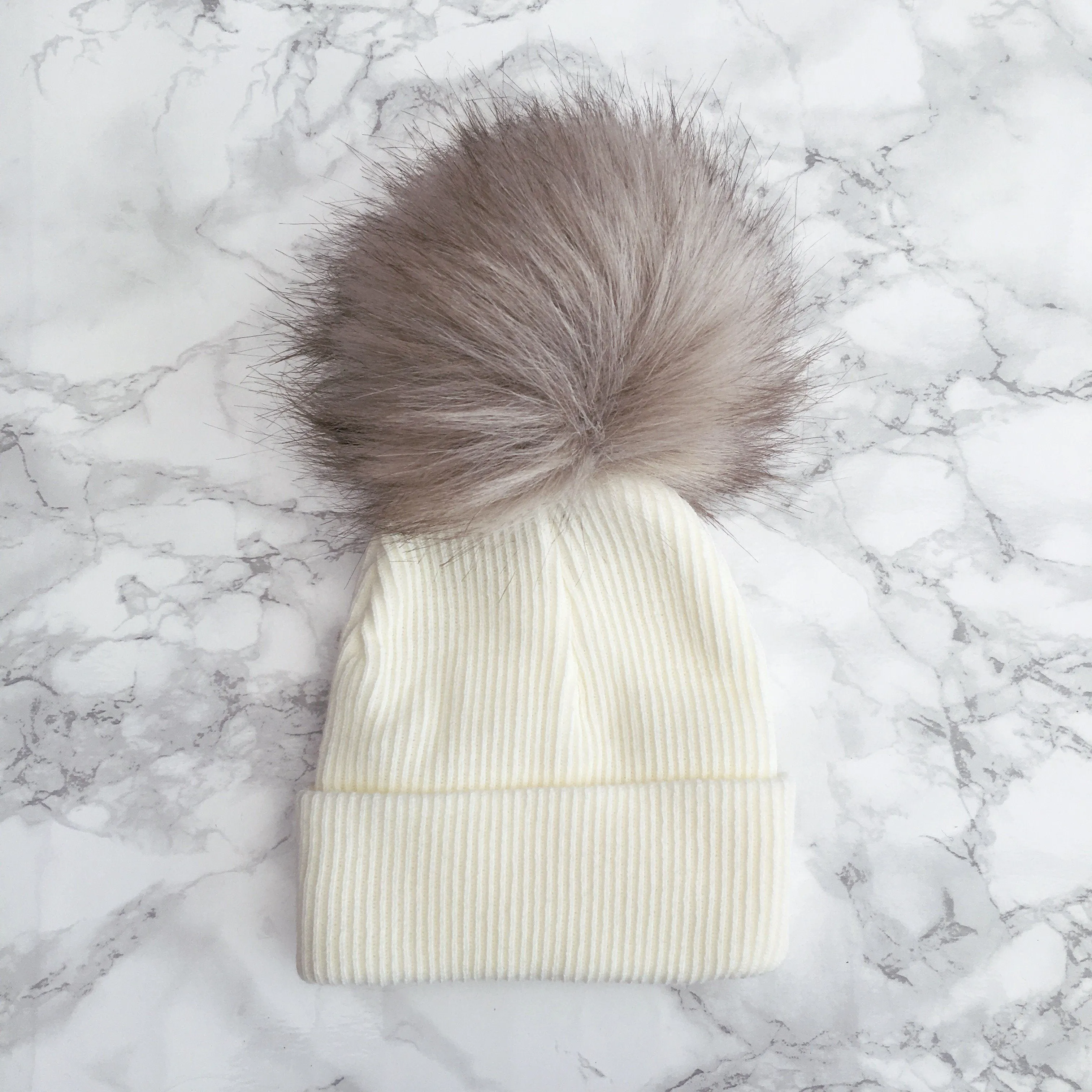 Ribbed Brown Faux Fur Pom Pom Hat