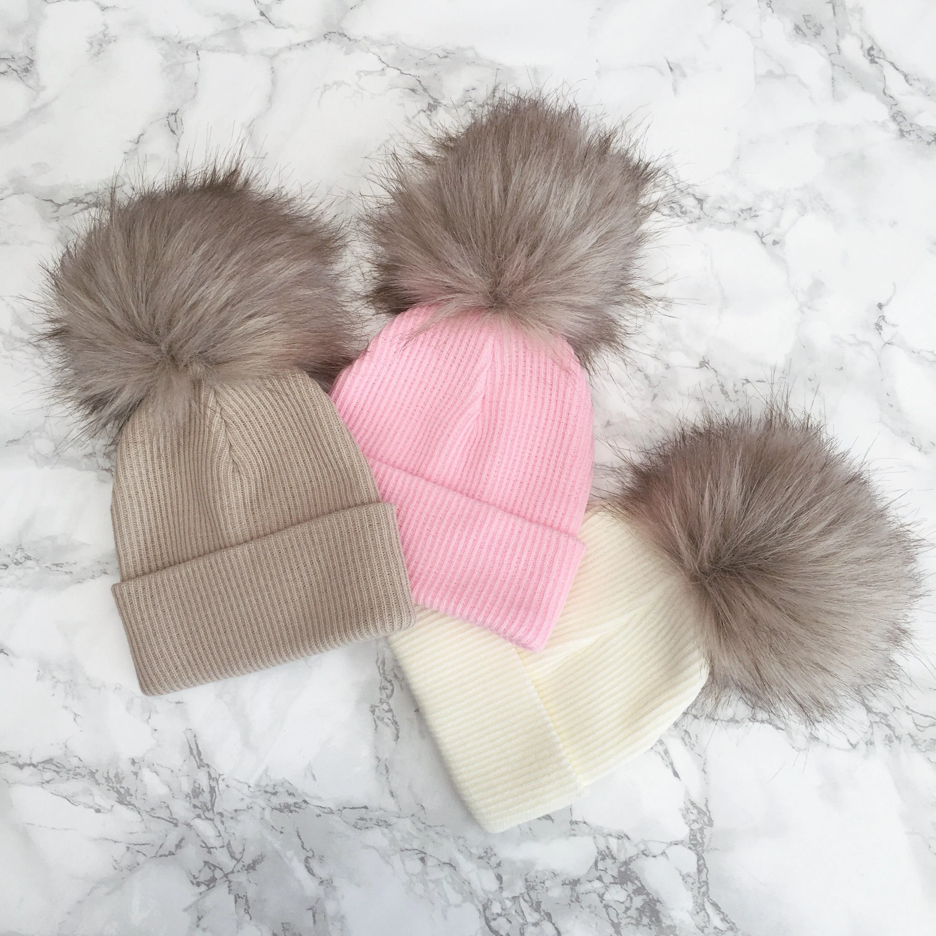 Ribbed Brown Faux Fur Pom Pom Hat